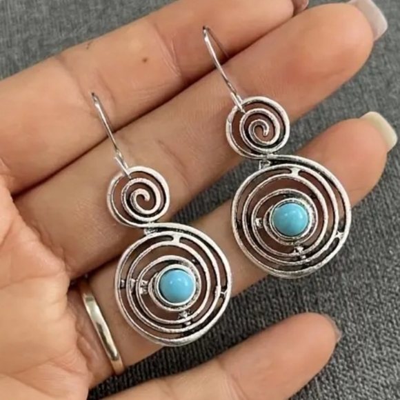 Round Spiral Pattern With Round Turquoise Inlaid Dangle Earrings - Picture 3 of 5